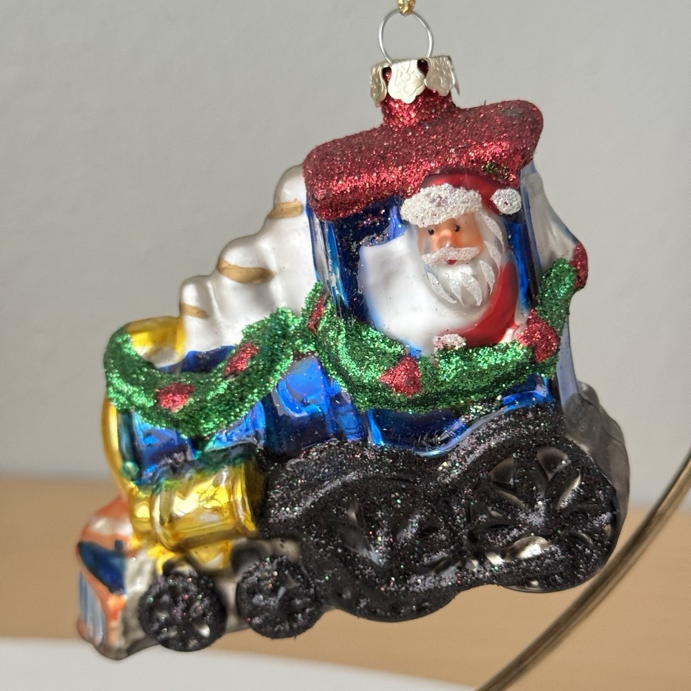 Hand Blown Glass Santa Claus Train Little Engine Ornament Glitter